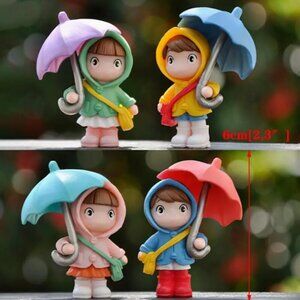 FOUR Piece Colorful & Cute Doll Desk Decor Rainy Day Umbrella Kids Figurine Set